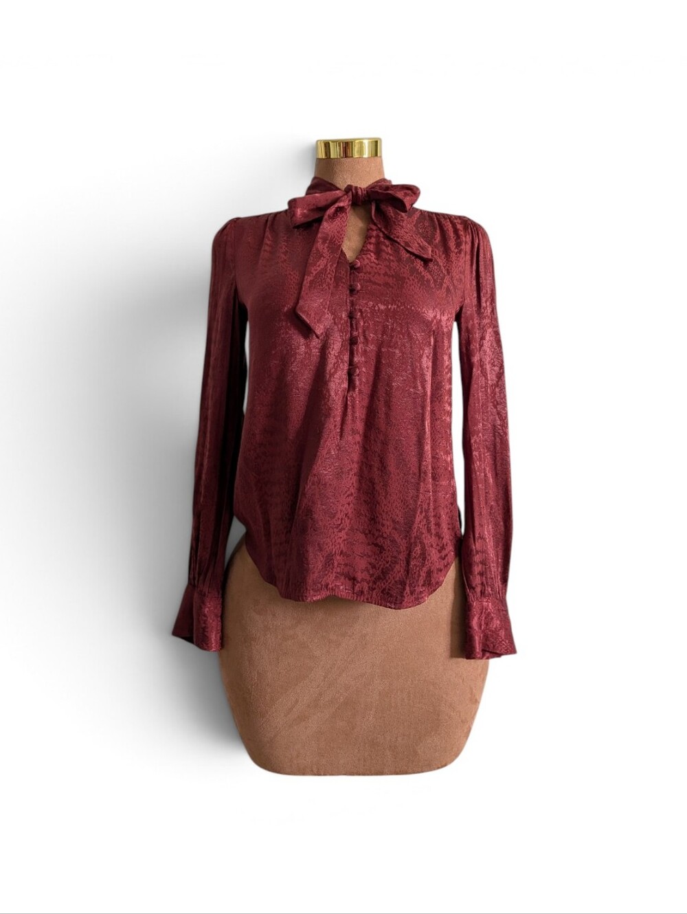 Express Quiet Luxury Rustic Brown Snakeskin Jacquard Bow-Neck Blouse